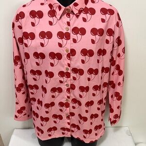 Pink and Red Cherry Print Button-Up Shirt